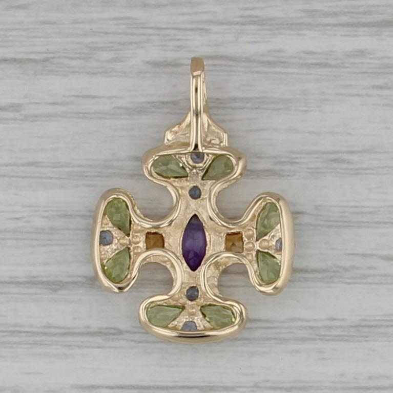 3.19ctw Gemstone Cross Pendant 14k Gold Amethyst Citrine Peridot Tanzanite