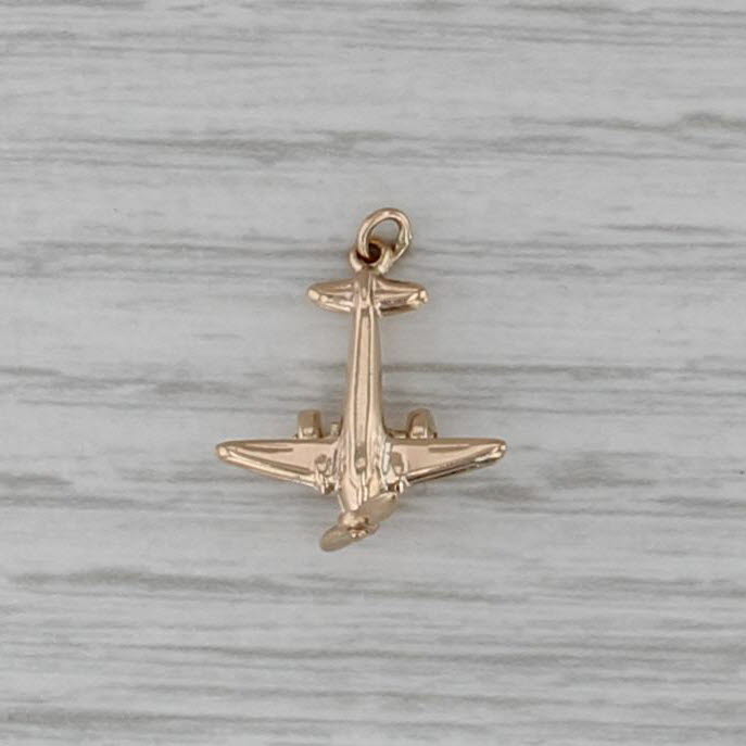 Small Airplane Charm 14k Yellow Gold Propeller Spins 3D Pendant