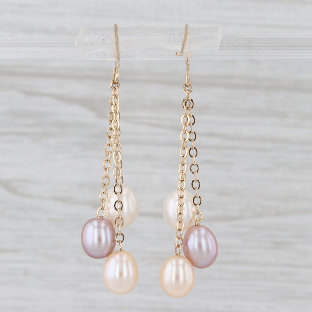 Pink & White Cultured Pearl Dangle Earrings 14k Yellow Gold Hook Posts