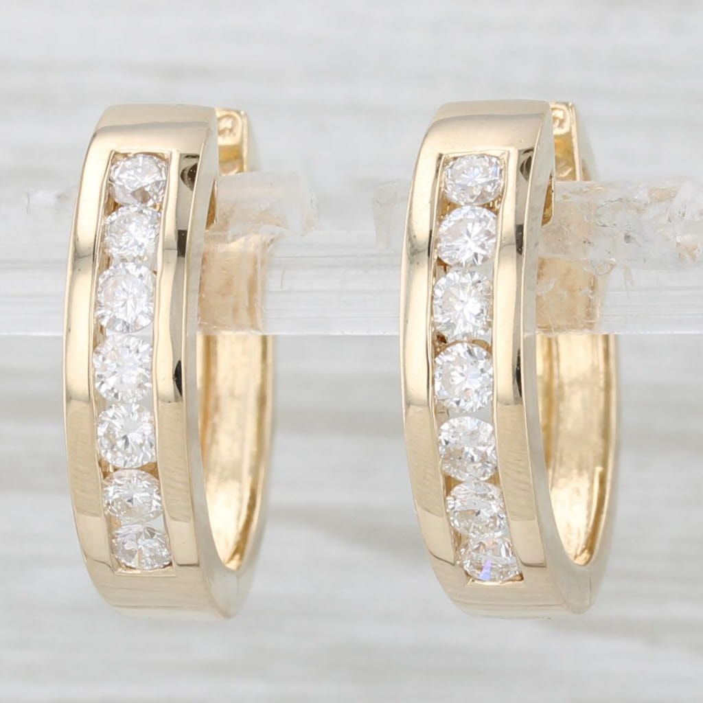 Light Gray 0.70ctw Diamond Hoop Earrings 14k Yellow Gold Hinged Snap Top Round Hoops