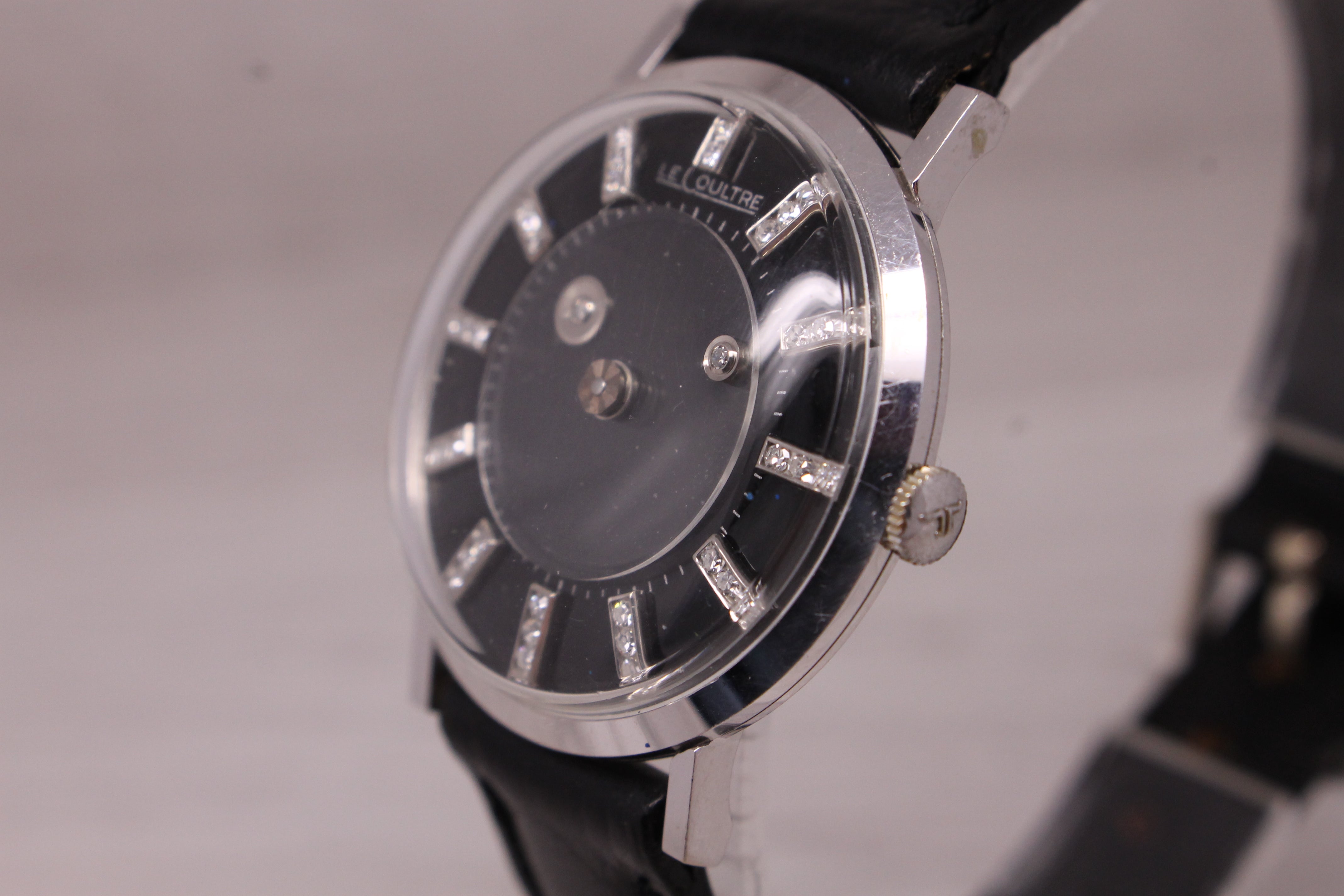Rosy Brown Vintage 1960s LeCoultre Mystery Dial 14k White Gold Diamond Dial Mens Watch