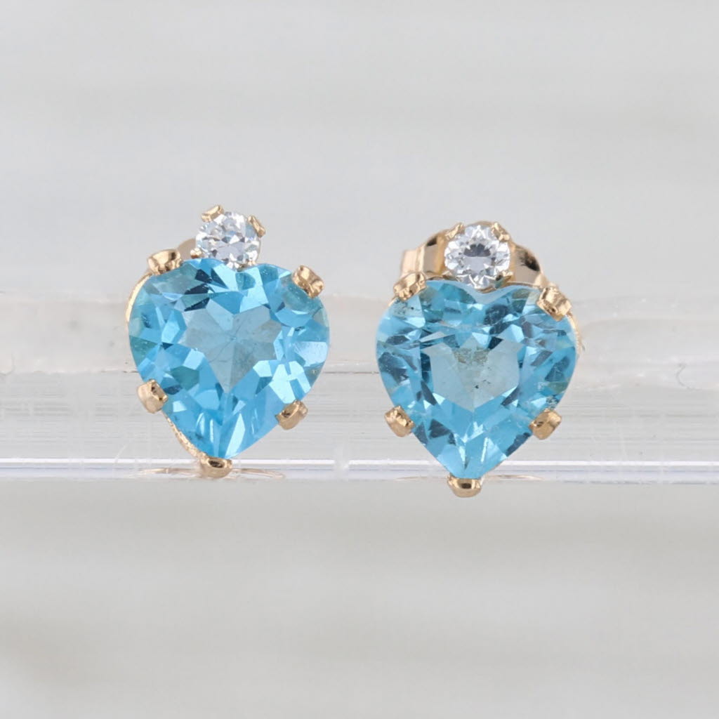 2.06ctw Blue Topaz Heart Stud Earrings 10k Yellow Gold Studs Cubic Zirconias
