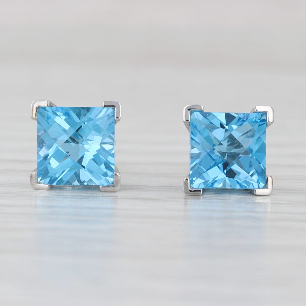 4ctw Square Blue Topaz Stud Earrings 14k White Gold Studs