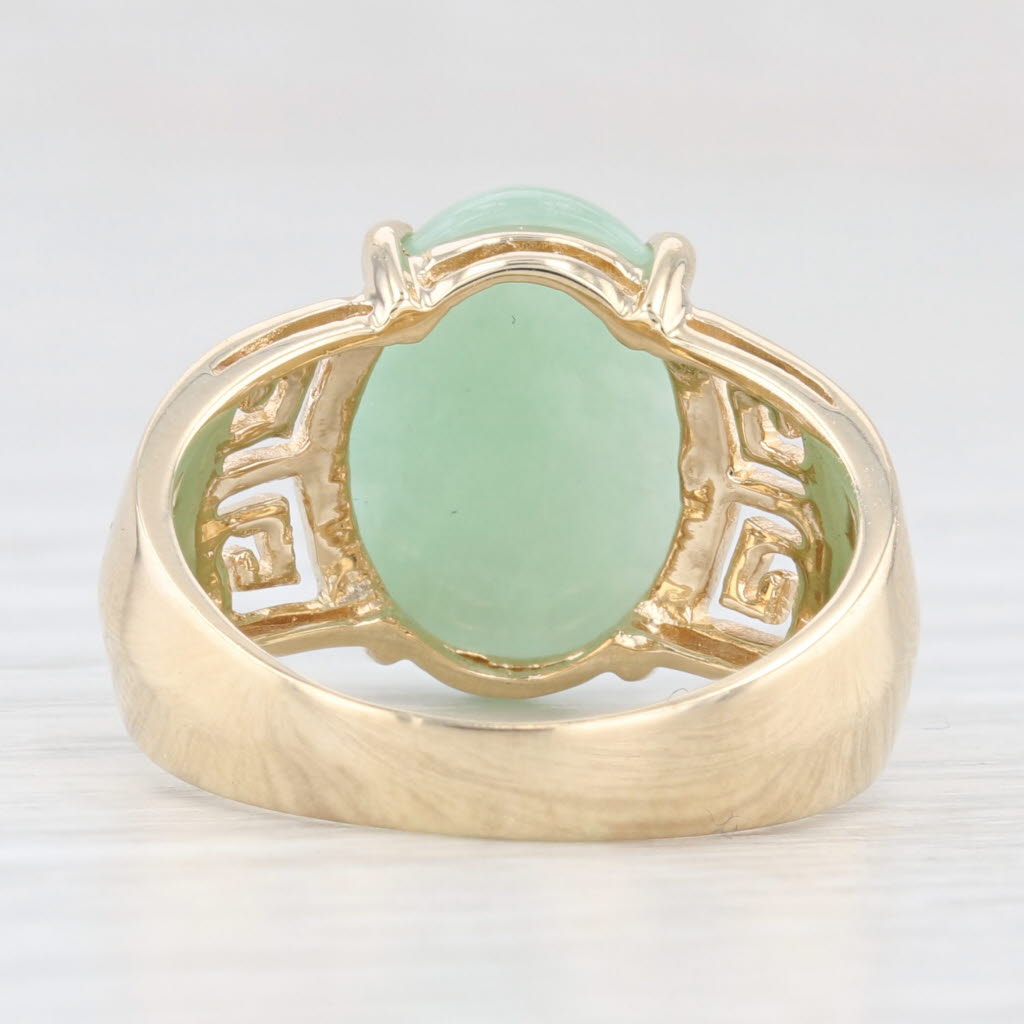 Light Gray Green Jadeite Jade Oval Cabochon Ring 14k Gold Greek Key Pattern Size 6.25