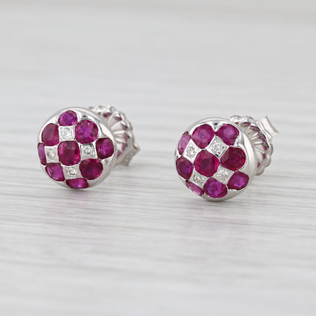 1.50ctw Ruby Diamond Flower Cluster Stud Earrings 18k White Gold Button Studs