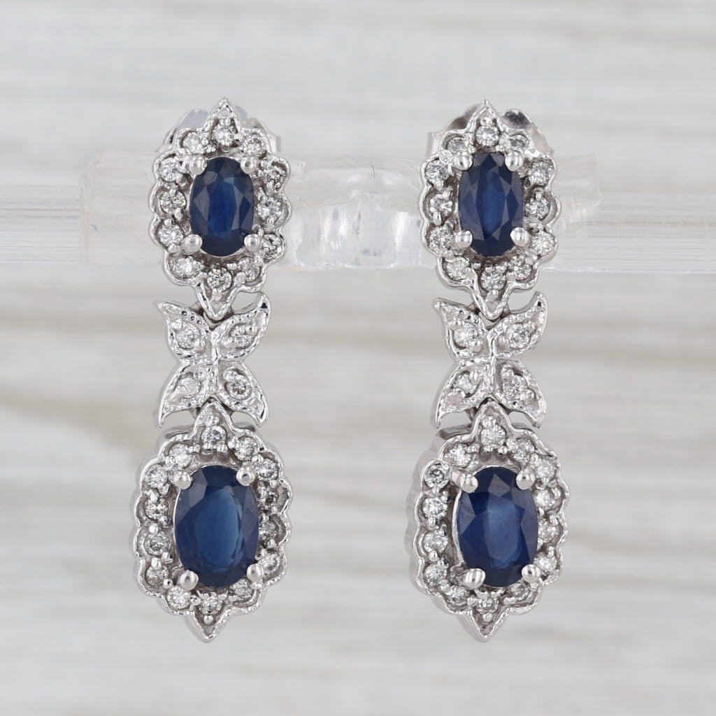 2.70ctw Blue Sapphire Diamond Halo Dangle Earrings 14k White Gold Drops