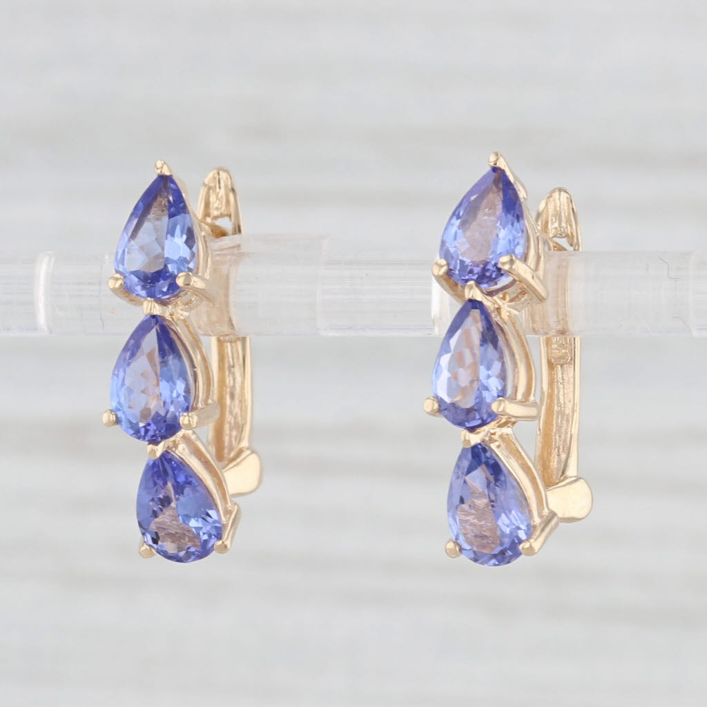 Light Gray 3.60ctw 3-Stone Tanzanite Drop Earrings 14k Yellow Gold Snap Top