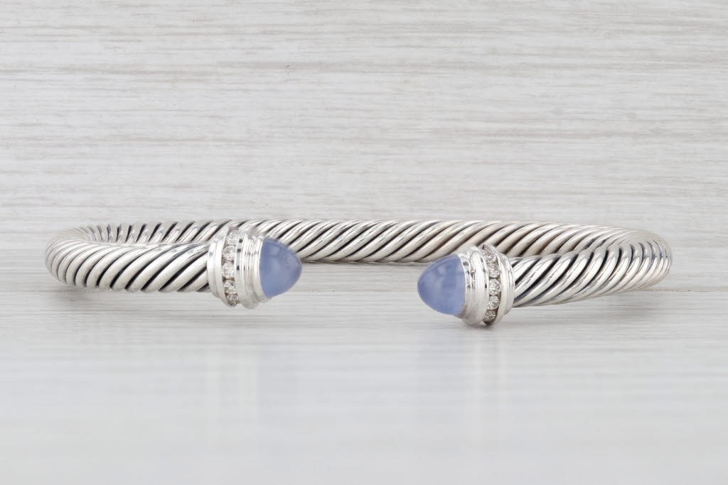 Light Gray David Yurman Chalcedony Diamond Cuff Bracelet Sterling Silver 7" 5mm