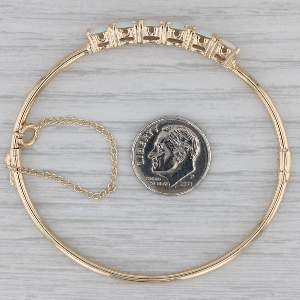 Gray Opal Bangle Bracelet 14k Yellow Gold 6.5" Hinged with Safety Chain