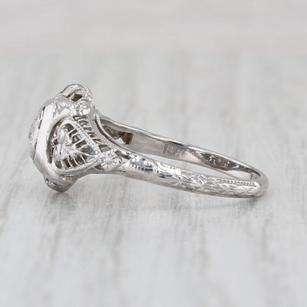 Art Deco Diamond Solitaire Ring 18k White Gold Filigree Size 7 Old European Cut