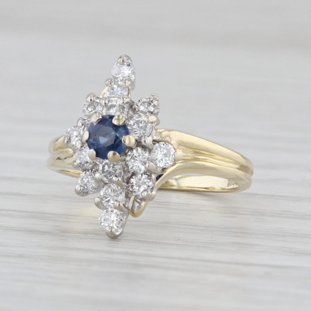 Blue Sapphire Diamond Cluster Bypass Ring 14k Yellow Gold Size 4