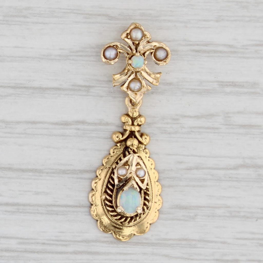 Light Gray Vintage Opal Pearl Teardrop Pendant 14k Yellow Gold