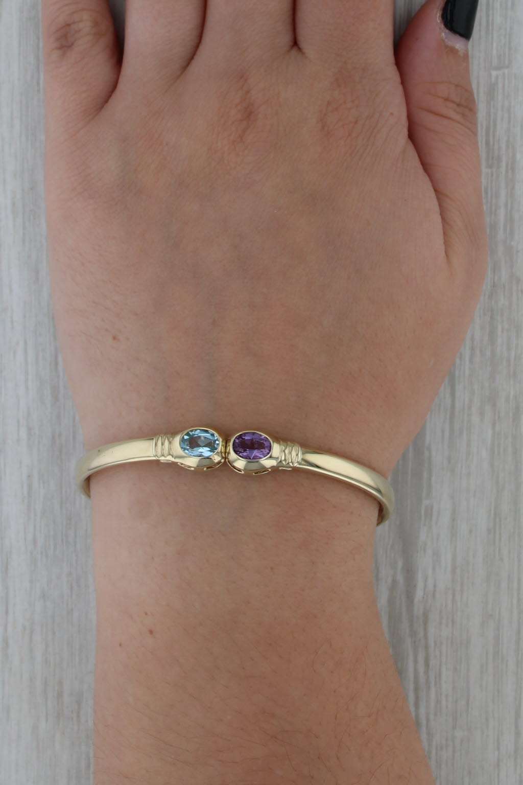 2.70ctw Amethyst Blue Topaz Bangle Bracelet 14k Yellow Gold 6.75"