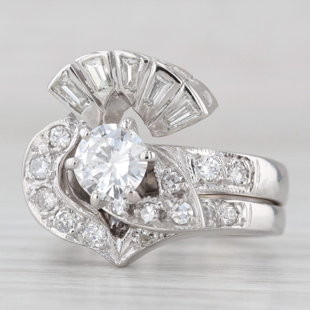 Light Gray Retro 1.12ctw Diamond Engagement Ring Wedding Jacket 14k White Gold Bridal Set