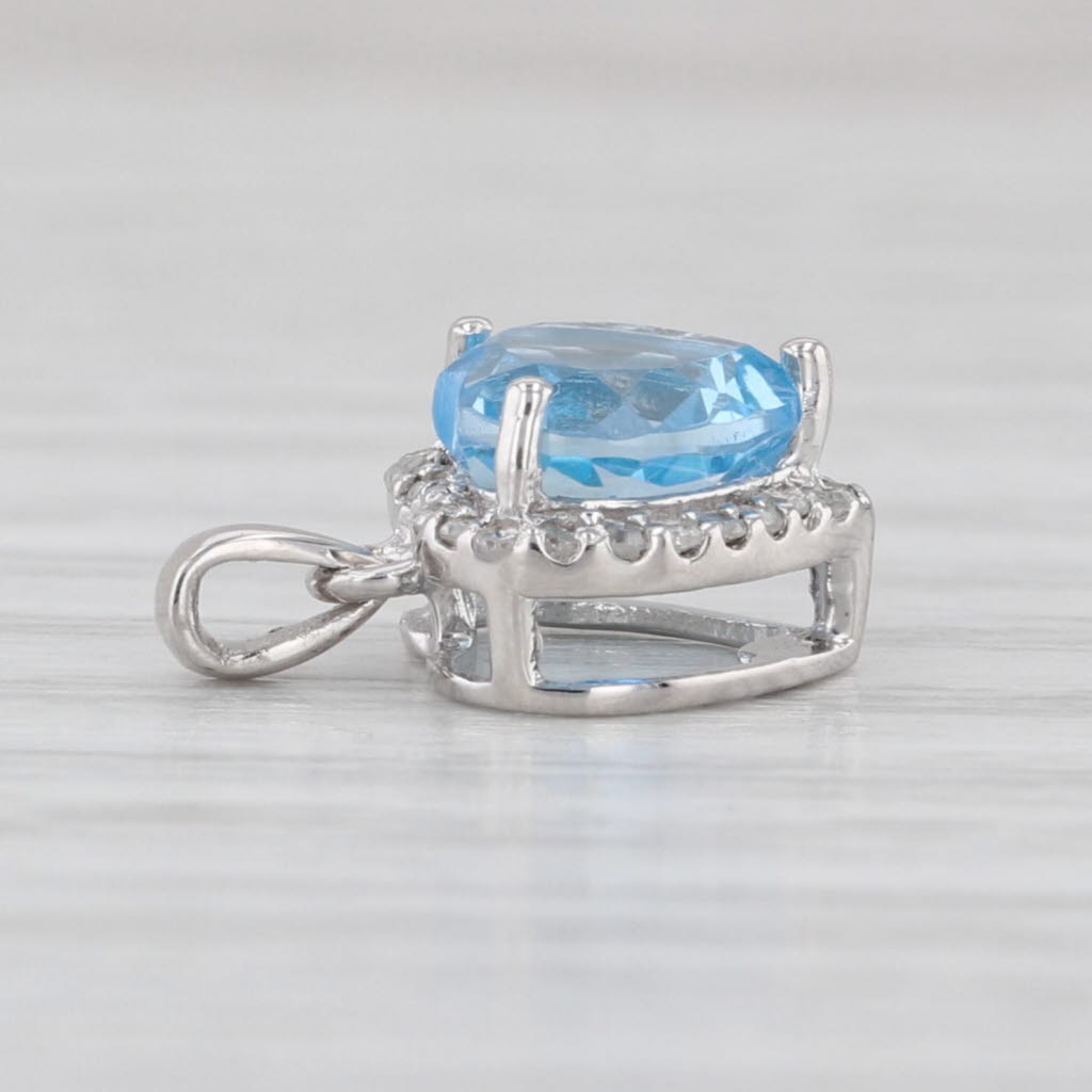 1.57ct Blue Topaz Heart Diamond Halo Pendant 10k White Gold Small Drop