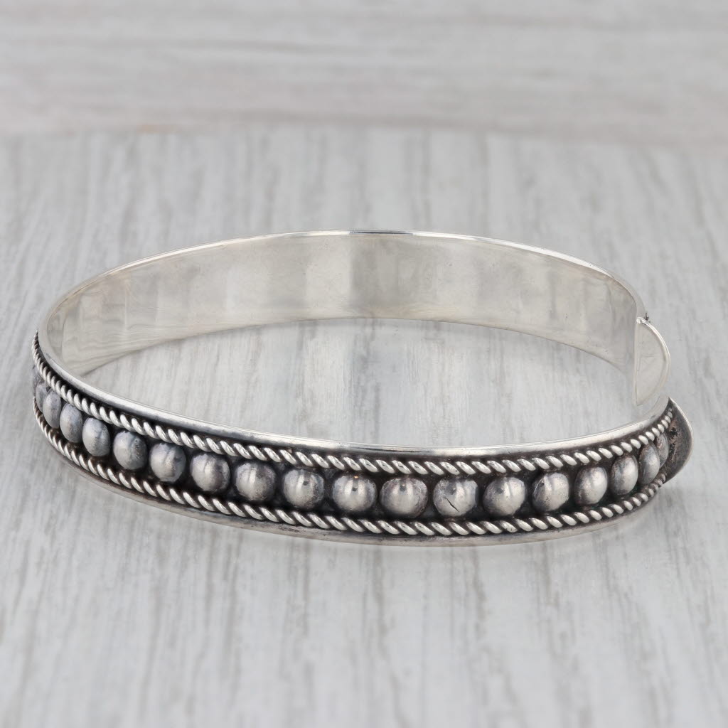Gray Vintage Bead Rope Cuff Bracelet Sterling Silver 7" 8.5mm