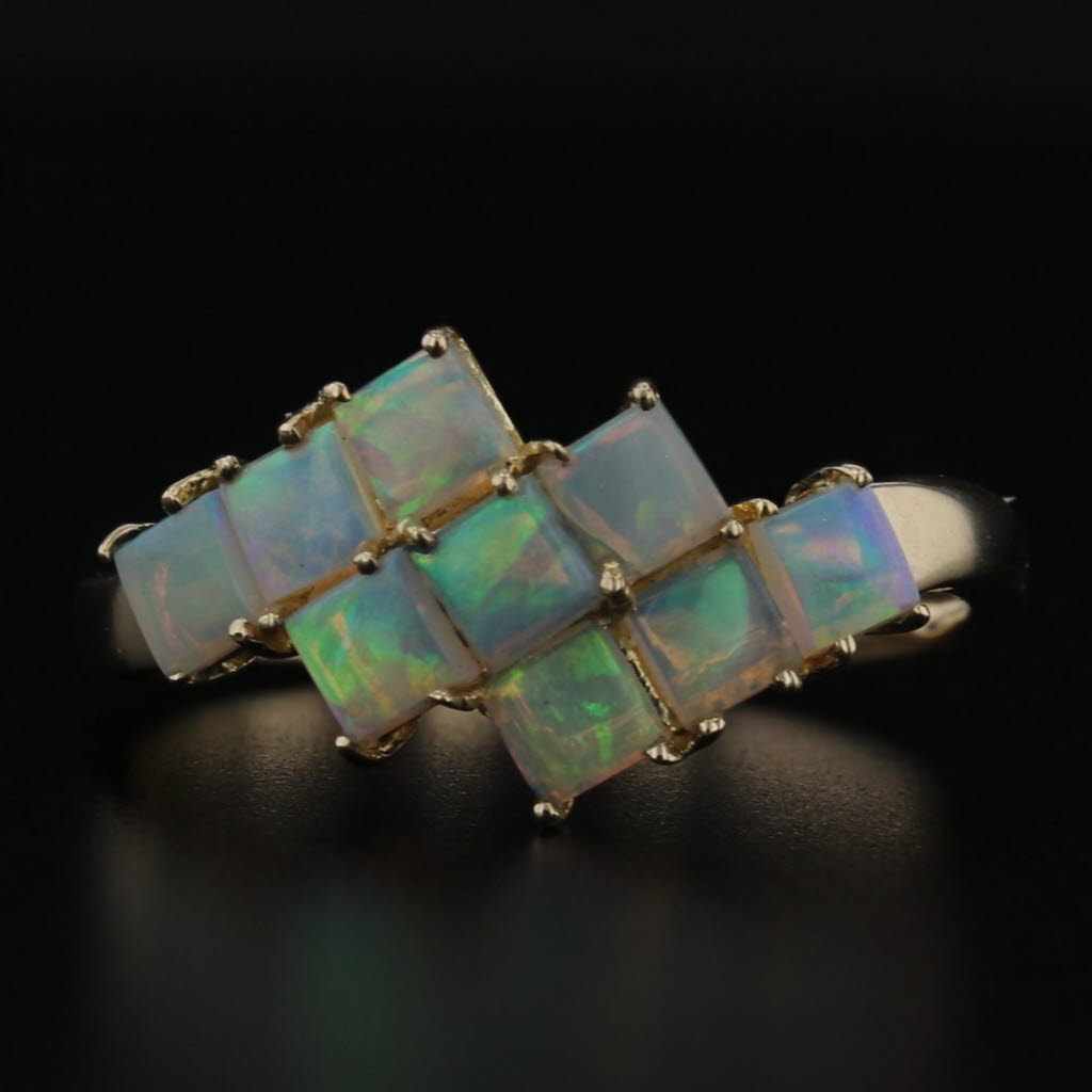 Black Opal Cabochon Bypass Ring 14k Yellow Gold 3-Row 3-Stone Size 6.75