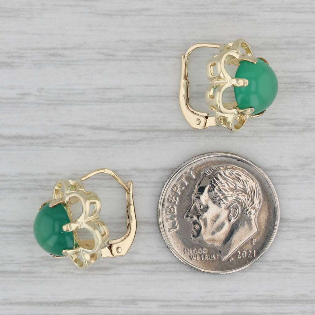 Gray Vintage Green Chalcedony Flower Stud Drop Earrings 14k Yellow Gold Lever Backs
