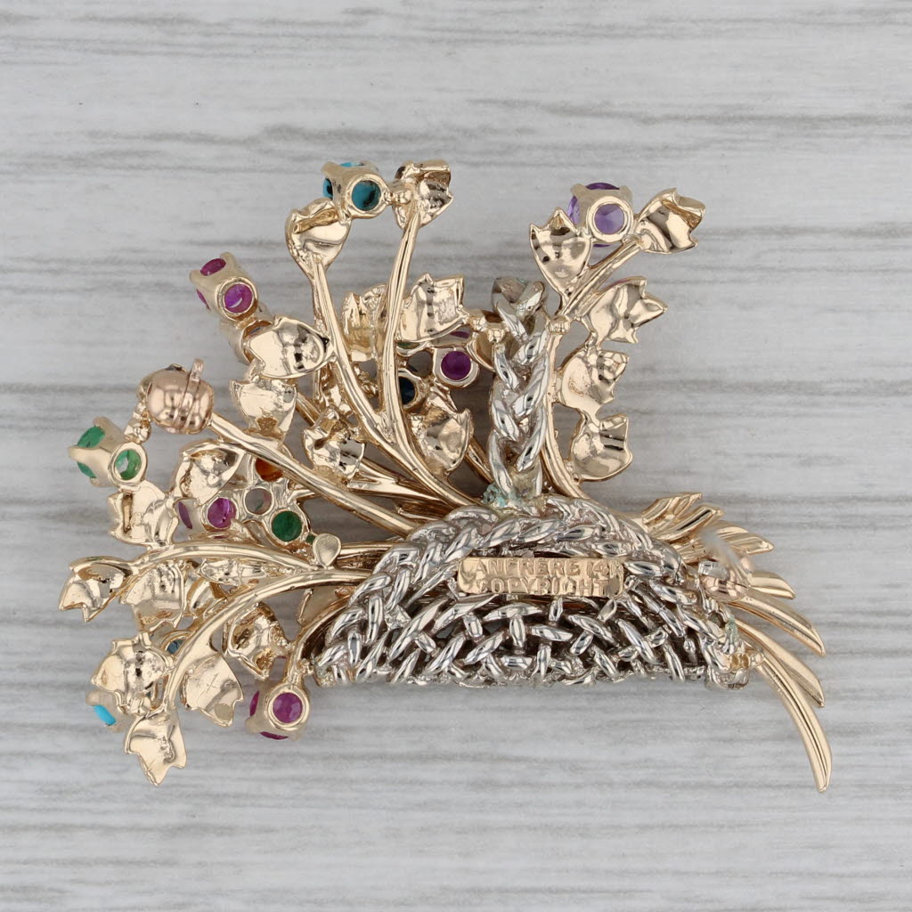 Gray Multistone Emerald Ruby Sapphire 14k Yellow Gold Flower Basket Brooch