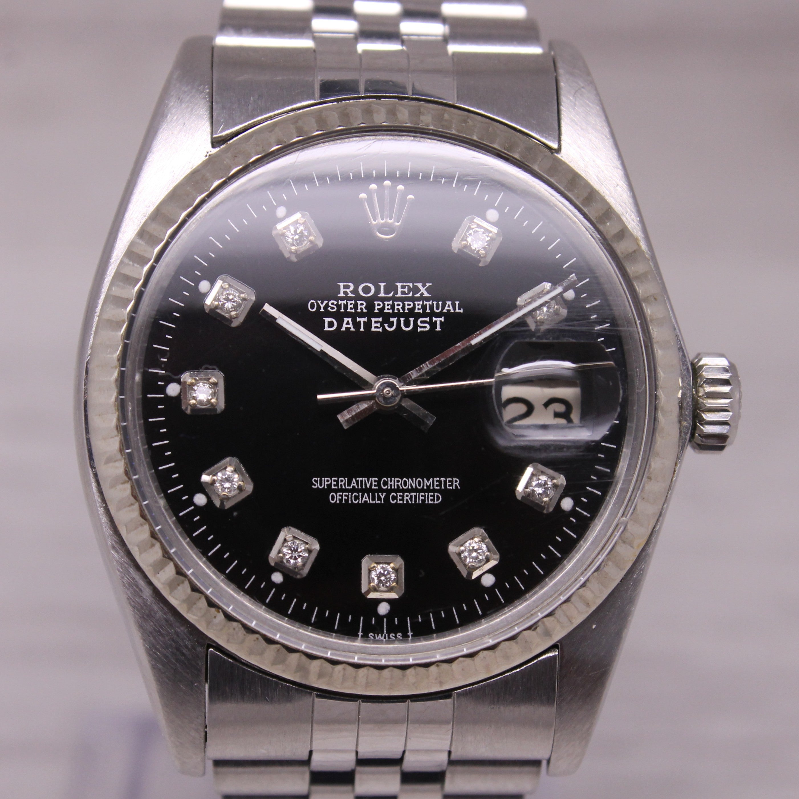 Vintage 1981 Rolex Datejust 16014 Mens Steel & 18k Watch Custom Diamond Dial