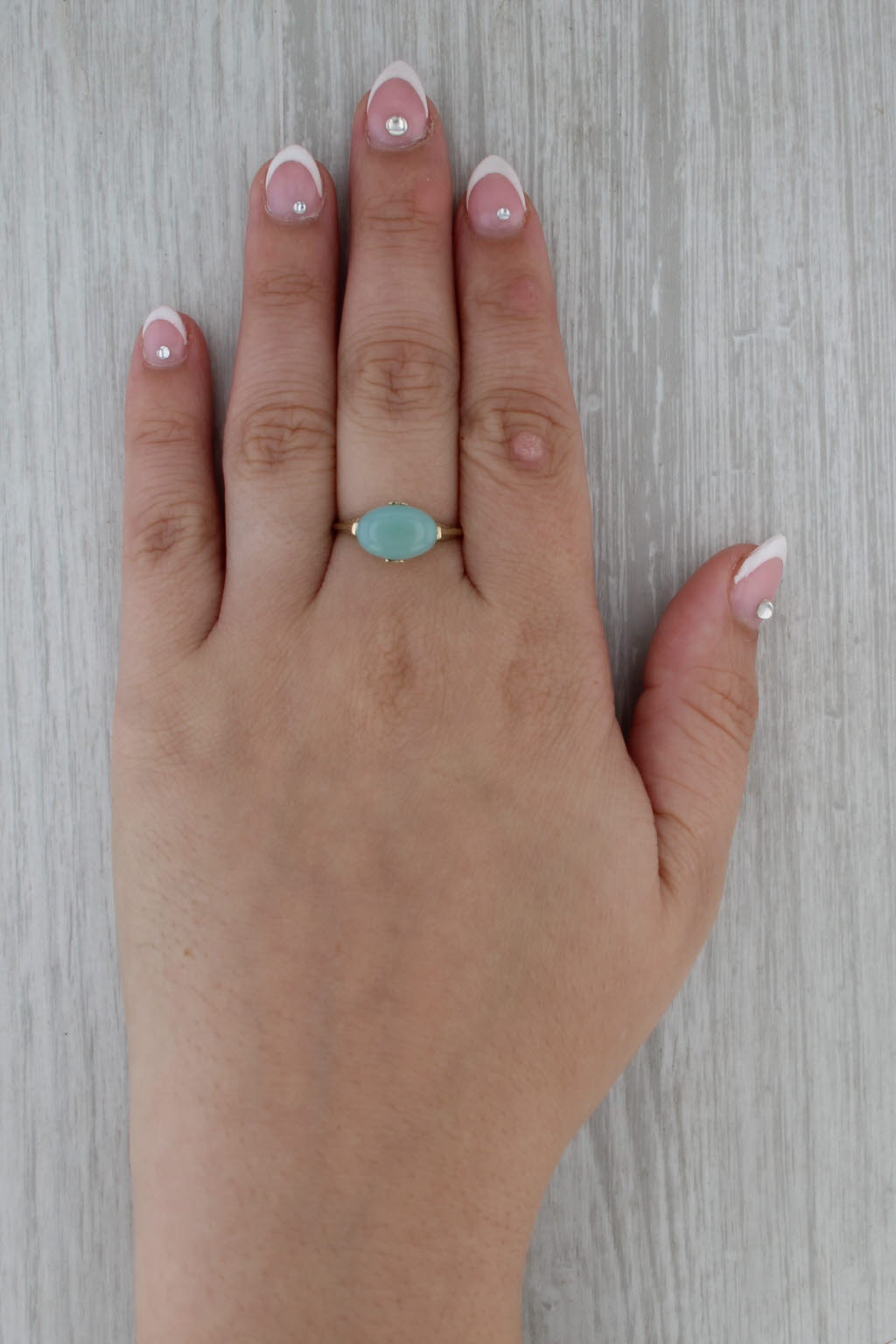 Green Chalcedony Quartz Filigree Ring 14k Yellow Gold Size 8.25 Oval Cabochon