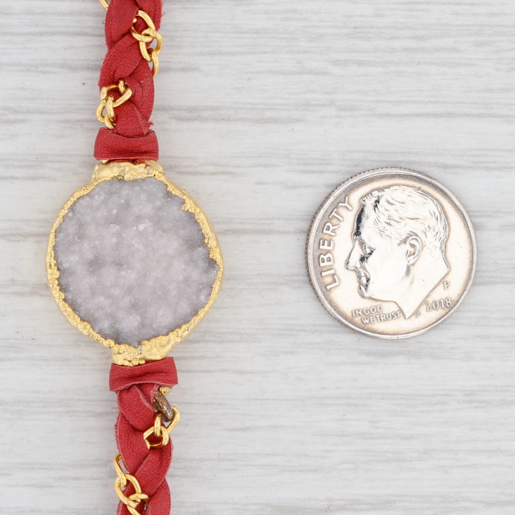 New Cordelia Nina Wynn Necklace White Druzy Woven Red Leather Gold Vermeil
