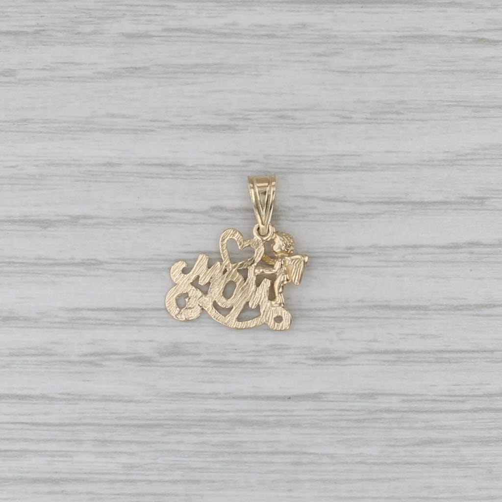 "Mom" Cherub Angel Heart Pendant 14k Yellow Gold Gift for Mom