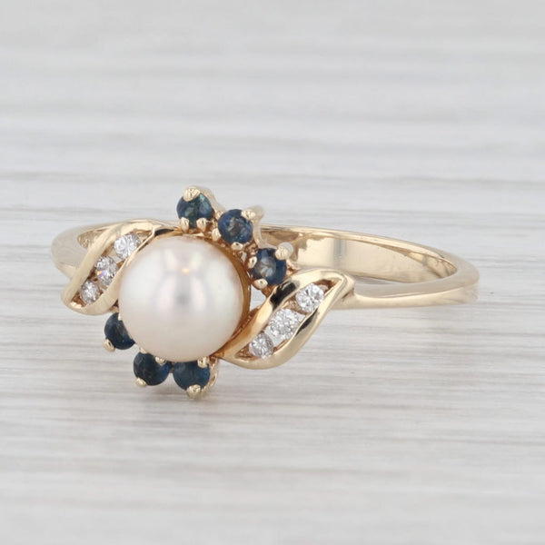 0.14ctw Cultured Pearl Blue Sapphire Diamond Ring 10k Yellow Gold Size 6.25