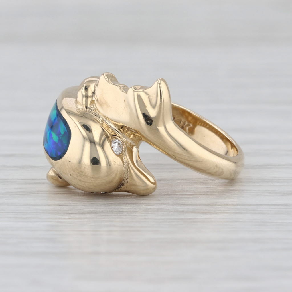 Lab Created Opal Diamond Dolphin Bypass Ring 14k Yellow Gold Size 6.75