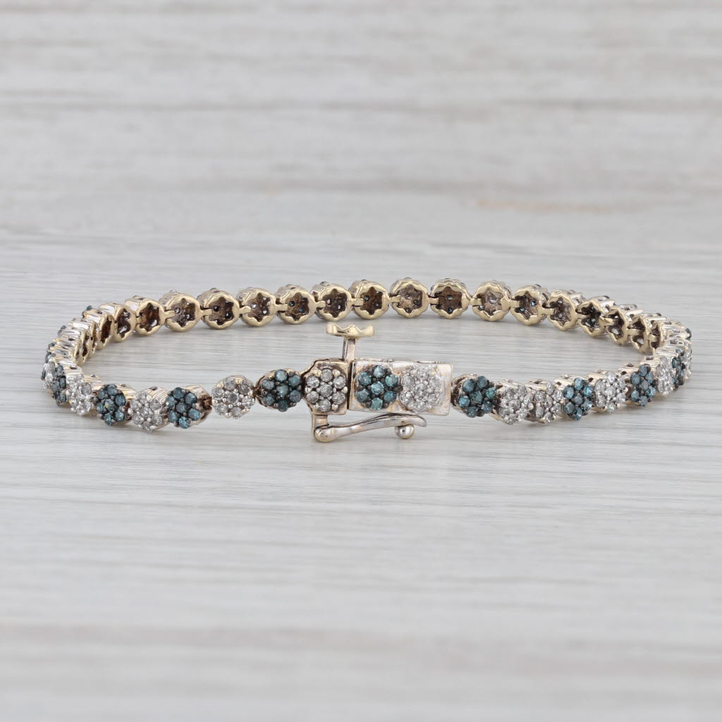 Gray 0.82ctw Blue White Diamond Flower Cluster Tennis Bracelet 10k Yellow Gold