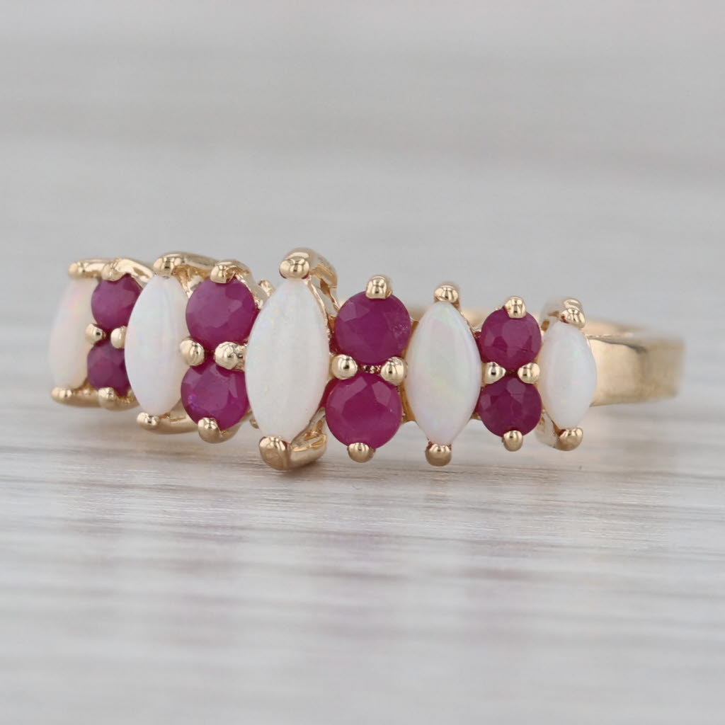 Gray Marquise Cabochon Opal 0.36ctw Ruby Ring 14k Yellow Gold Size 7