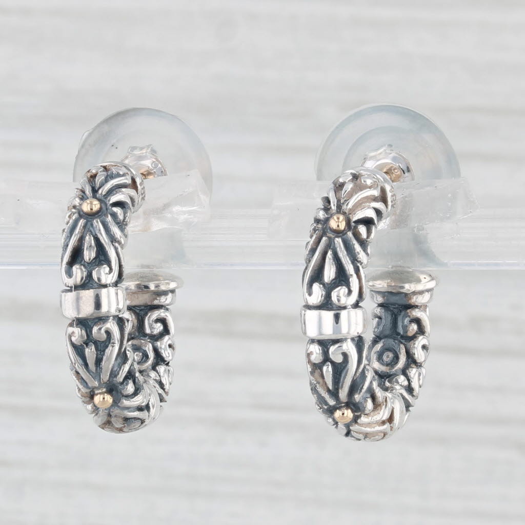 Light Gray Ornate Hoop Earrings Sterling Silver 18k Gold Pierced Round Hoops