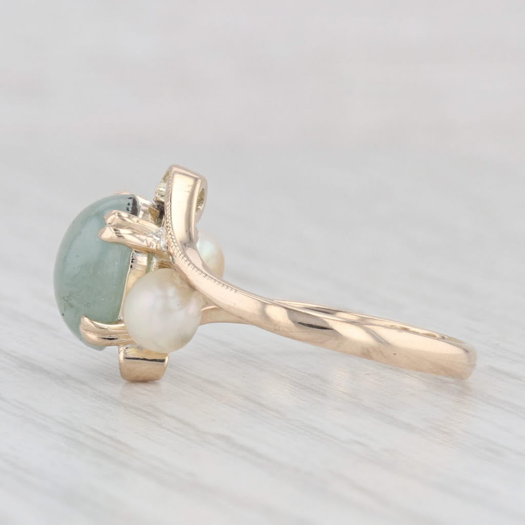 Light Gray Cultured Pearl Green Serpentine Bypass Ring 10k Yellow Gold Size 6 Vintage