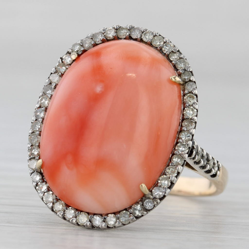 Gray Coral Cabochon Diamond Halo Ring 14k Yellow Gold Silver Size 8