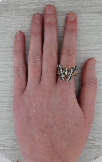 0.35ctw Diamond Butterfly Ring 14k Yellow Gold Size 7 Black White Brown Cocktail