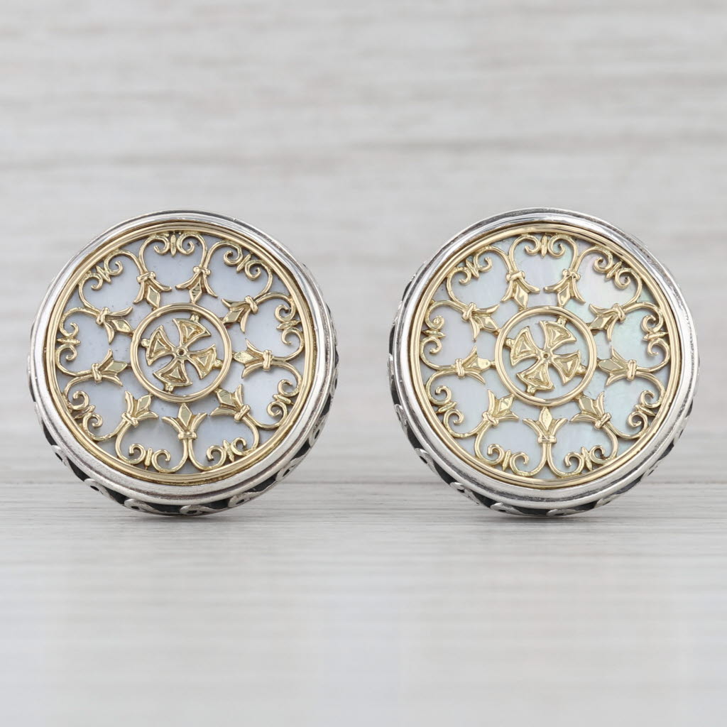 Konstantino Ornate Mother of Pearl Cross Cufflinks Sterling Silver 18k Gold