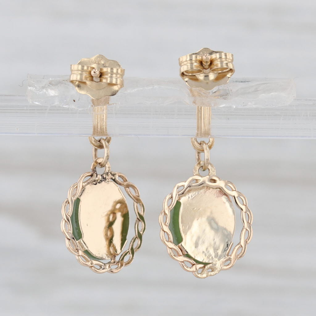 Green Nephrite Jade Dangle Earrings 14k Yellow Gold Drops Oval Cabochon