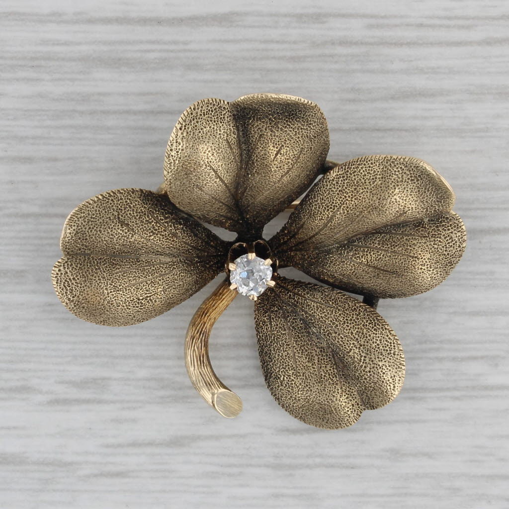 Gray Diamond 4 Leaf Clover Brooch 14k Yellow Gold Good Luck Shamrock Pin