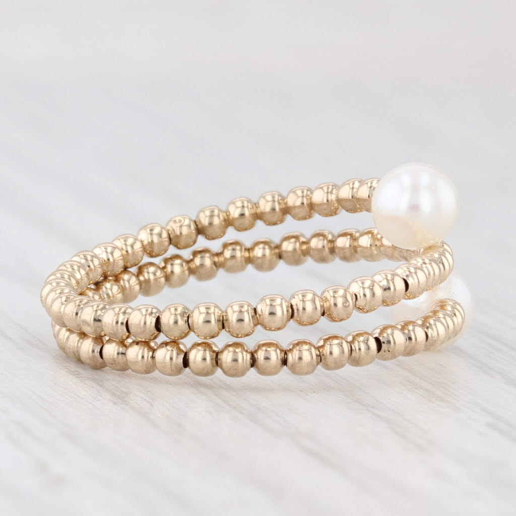Light Gray Cultured Pearl Beaded Band Bypass Ring 14k Yellow Gold Size 8 Adjustable