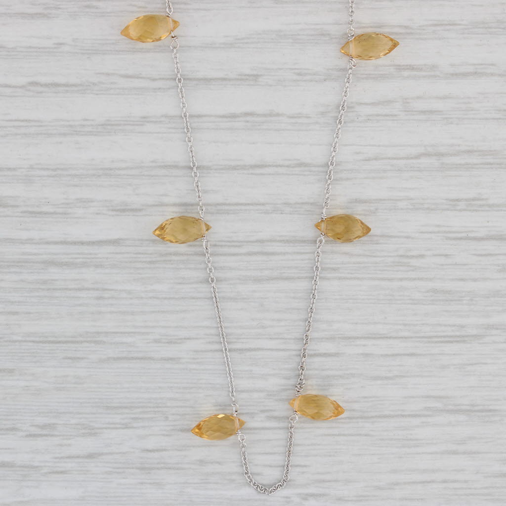 Gray Citrine Briolette Station Necklace 14k White Gold 16.5" Cable Chain