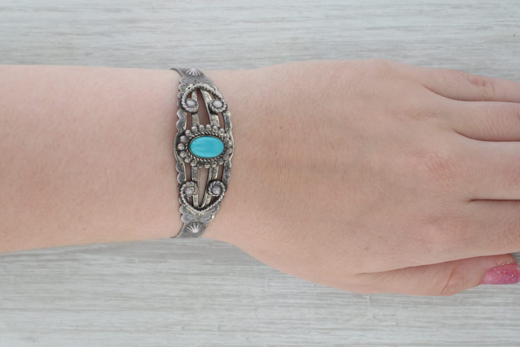 Dark Gray Vintage Native American Stamped Turquoise Cuff Bracelet Sterling Silver 7" Bell
