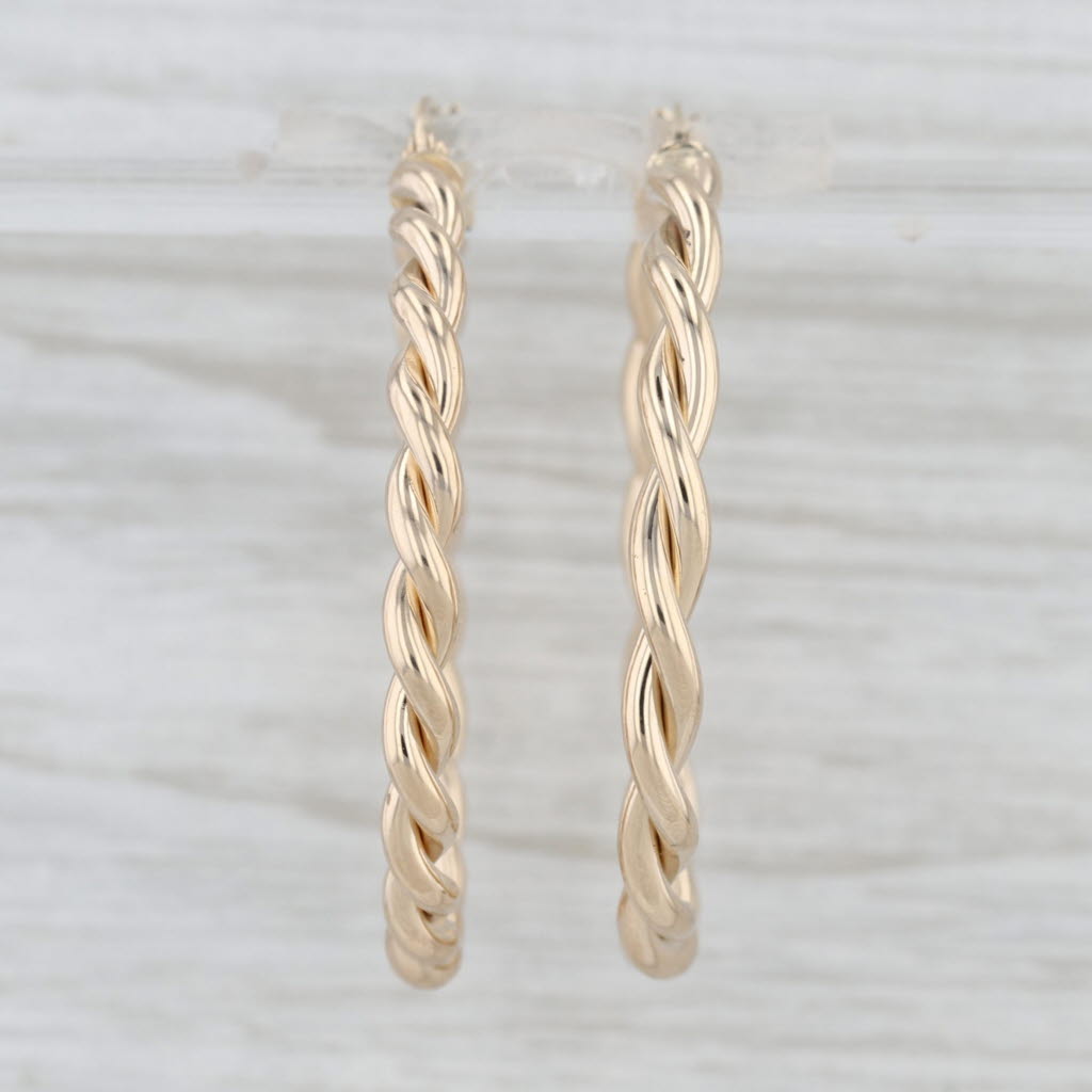 Round Twist Hoop Earrings 14k Yellow Gold Pierced Snap Top Hoops 37 x 3.6mm