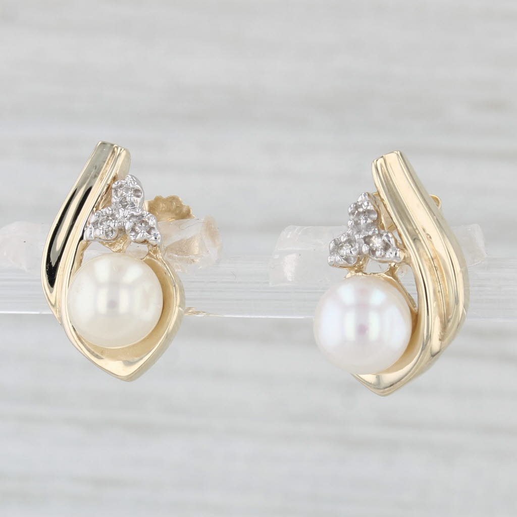 Light Gray Cultured Pearl Diamond Stud Earrings 10k Yellow Gold