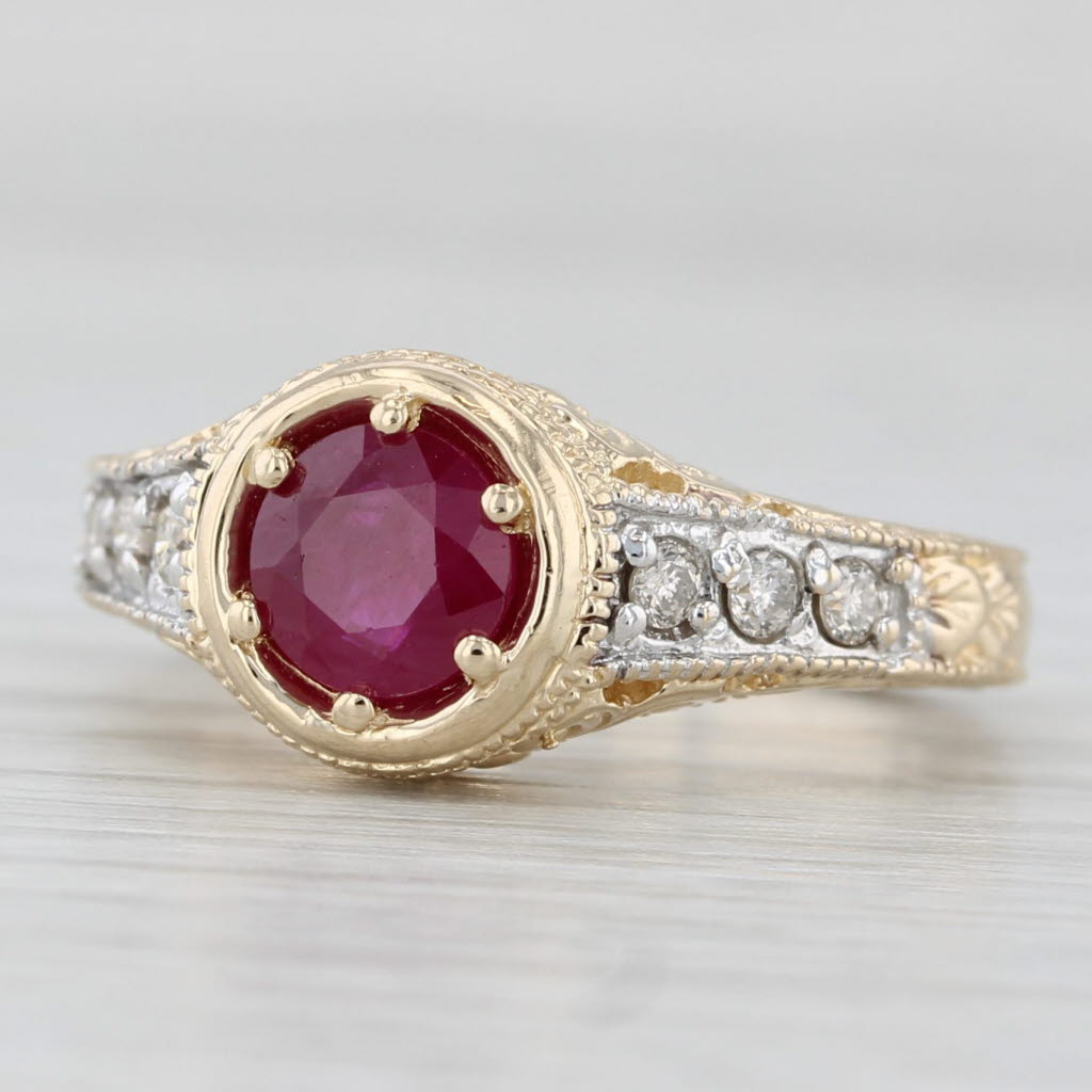 Light Gray 0.96ctw Ruby Diamond Ring 14k Yellow White Gold Size 6 Ornate Floral Pattern