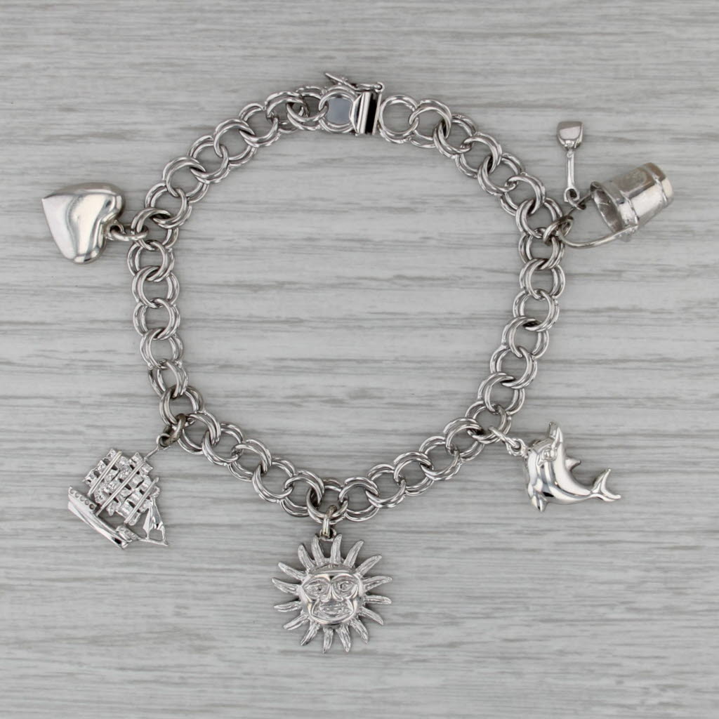 Nautical Charm Bracelet Sterling Silver Curb Chain 7.5" Sun Heart Dolphin Ship