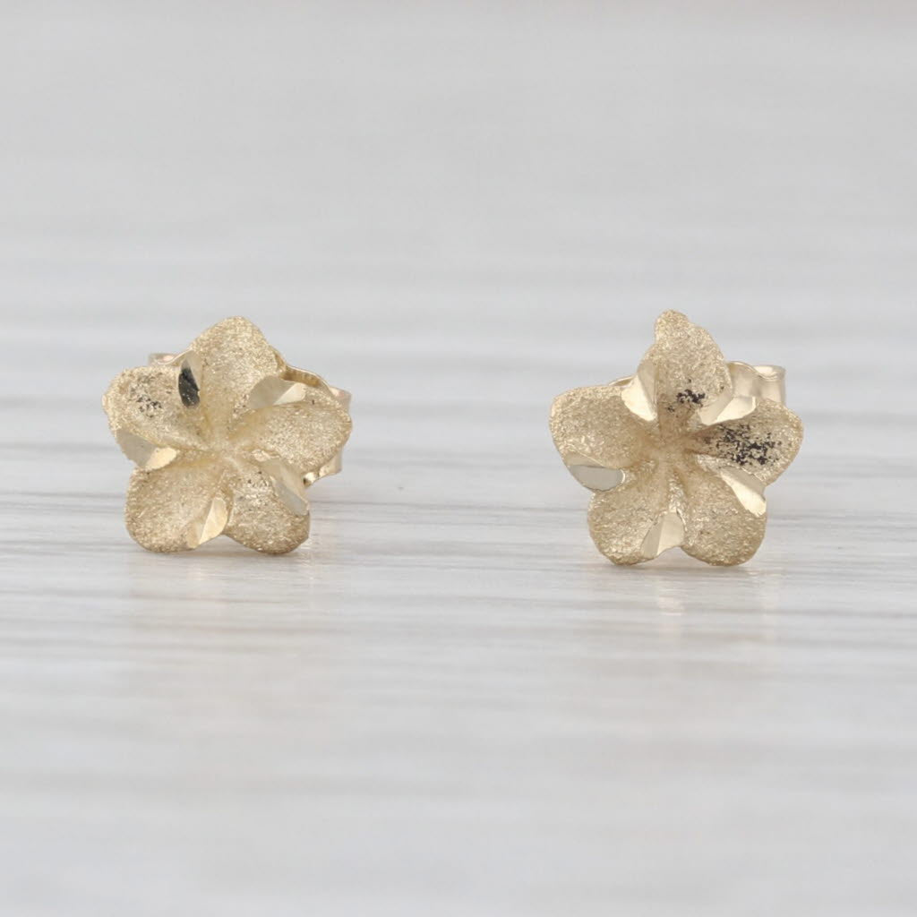 Plumeria Flower Stud Earrings 14k Yellow Gold Small Studs