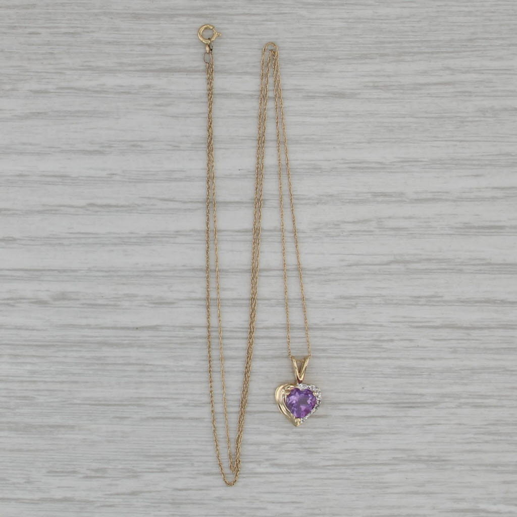 0.58ct Amethyst Heart Pendant Necklace 10k Yellow Gold 19" Rope Chain Diamonds