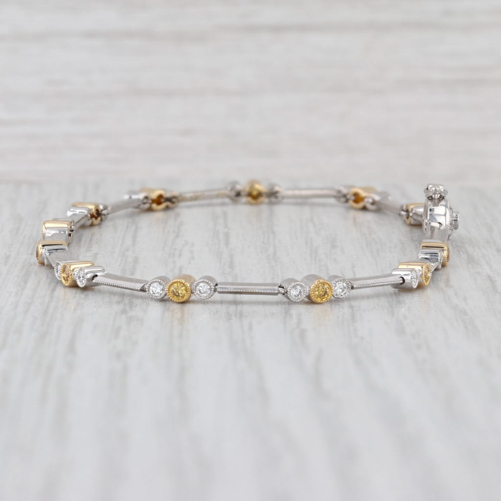 0.68ctw White Yellow Diamond Bracelet 18k White Yellow Gold 7.5" Bar Chain