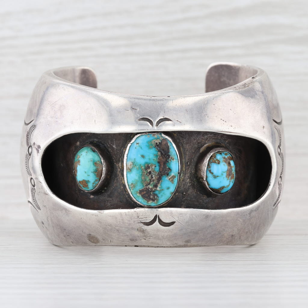 Vintage Native American Turquoise Large Cuff Bracelet Sterling Silver Stamped