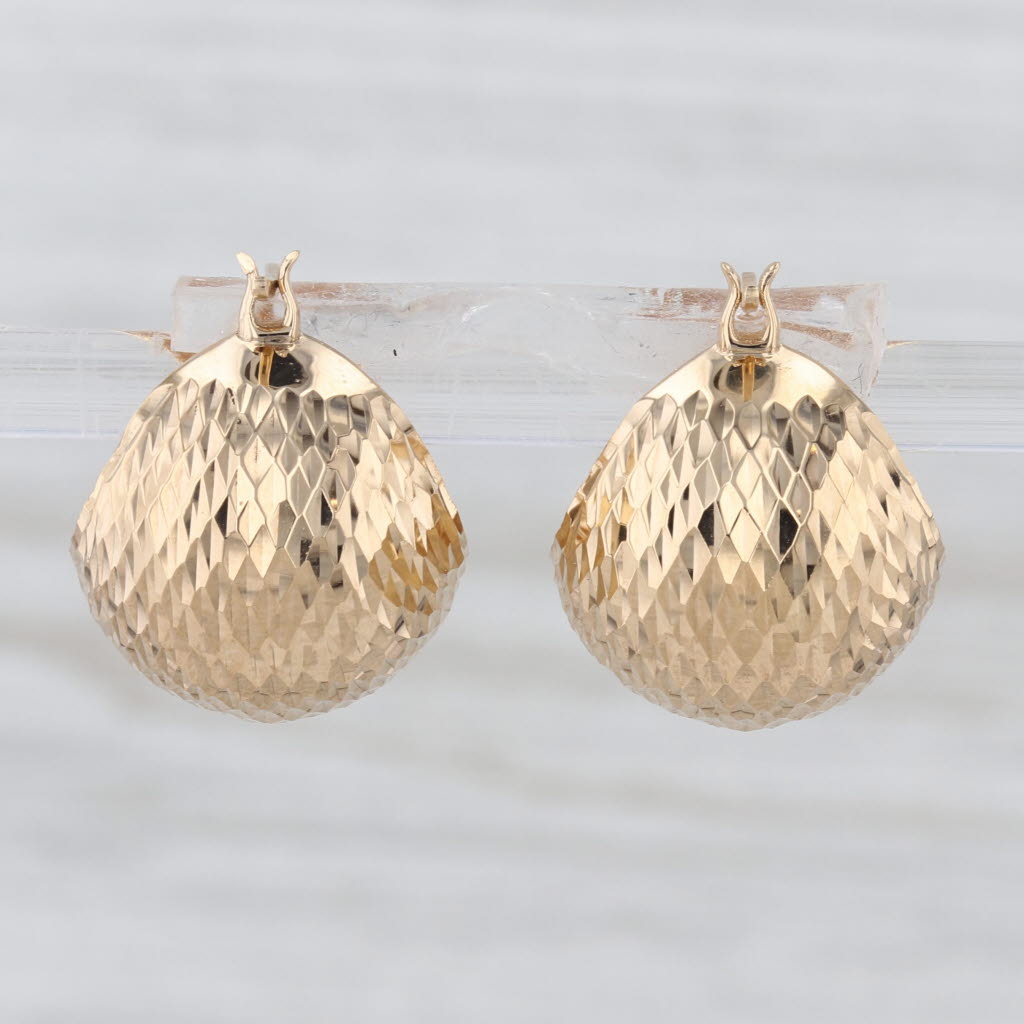 Etched Pattern Hoop Huggie Earrings 18k Yellow Gold Snap Top Posts